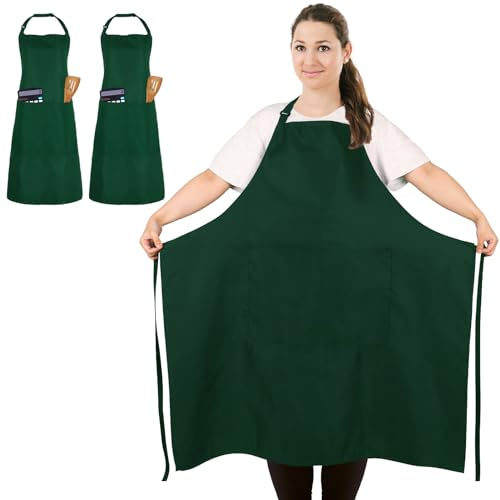 FunChaos 2 Pcs Grande Talla Delantales de Chef, Verde Delantal, Unisex Delantales con 2 Bolsillos para Cocinar, BBQ, Trabajo, Profesional Delantal para Camarero, Pintor (Grande Tamaño)