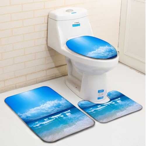 Badezimmerteppich Set 3 Teilig Ozeanhimmel Und Blau Badematten Set Mikrofaser Badteppiche und WC Vorleger mit Ausschnitt Waschbar rutschfeste Badvorleger Toilette Teppich