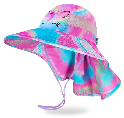 MHJY Sonnenhut Kinder Sonnenmütze Mädchen Hut Sommer UV Schutz 50 Mützen Einhorn Anglerhut Breite Krempe Kappe mit Nackenklappe Kleinkind 2-9 Jahre