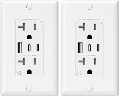 ELEGRP USB Outlets, 20 Amp Wall Outlet with 3 USB Ports, Dual USB C Ports Outlets, TR Tamper-Resistant USB Outlets Receptacles, Wall Plate Included, UL/CUL Listed, 2 Pack, White