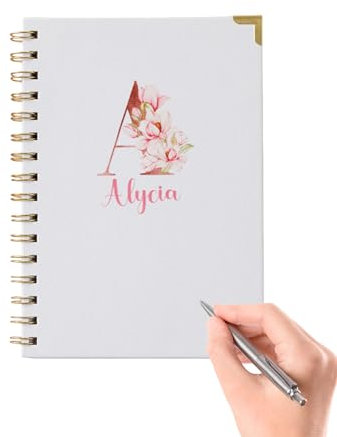 Hoolaroo Personalised Notebook For Women Rose Gold Floral Initial Notepad Stationary Gift List Hardback Custom with Name Linen Present