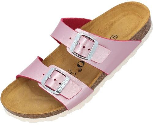 Palado Pantoletten Damen Samos - elegante Sandalen Made in Spain - bequeme Hausschuhe mit dämpfendem Kork-Fußbett - modische Sommerschuhe Metallic Pink UK6 - EU39