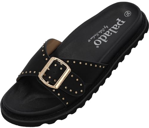 Palado Damen Pantoletten Cirlo by Sila Sahin - bequeme Sandalen - elegante Hausschuhe - modische Sommerschuhe mit Nieten Schwarz UK6 - EU39