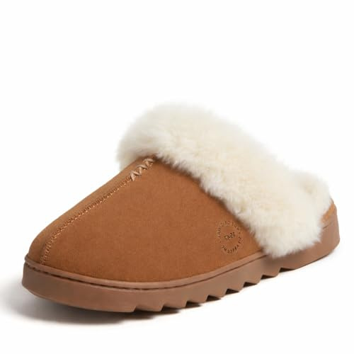 Dearfoams Women's Helena Genuine Suede Scuff with Prayer Seam, Chestnut, 9