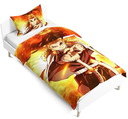 Zhongkaihua Rengoku Kyoujurou Bettwäsche-Set, 2-teilig, enthält doppelseitigen 3D-Anime-Druck, wendbarer Bettbezug und Kissenbezug, 135 x 200 cm, Einzel-Bettwäsche-Set, mehrfarbig