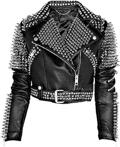 AAOutfitz Damen Bikerjacke aus echtem Leder mit Nieten, Schwarz - Echtleder, 36
