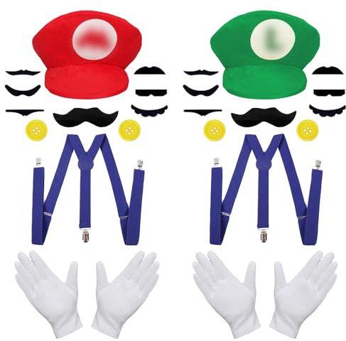 Luckeey Mario Luigi Kostüm Accessories, Mütze Hut Handschuhe Bart Gelbe Knöpfe Y-Back Hosenträger Kostüm für Verkleidung Fasching Karneval Kostüm Cosplay für Kinder Damen Herren