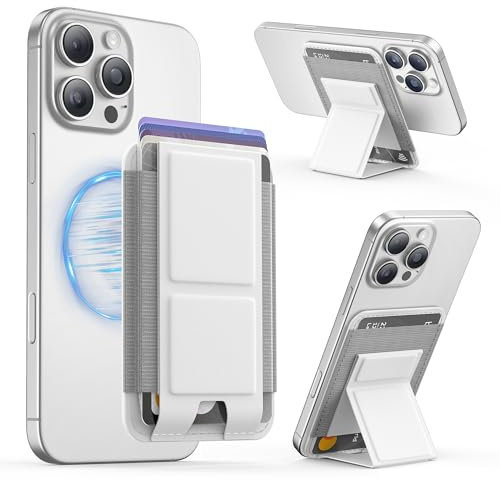 GONEZ for MagSafe Wallet with Stand, Stronger Magnetic Card Wallet Holder for iPhone 16/15/14/13/12 Series, Premium Leather Phone Wallet with RFID Blocking, 1 Slot, Fit 6 Cards, White