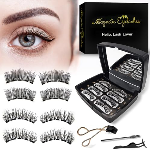 Magnetische Wimpern - KüNstliche Wimpern Mit Zange, Wiederverwendbare Magnet Wimpern Ohne Eyeliner,Wimpern Magnetisch NatüRlicher Look (Schwarz)