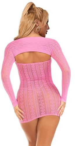 ohyeahlady Womens Lingerie Sets Soft Stretchy Fishnet Babydoll Dress with Long Sleeve Shawl Striped Mesh Chemise Sleepwear Plus Size Sexy Nightwear Pink Size L-XXL