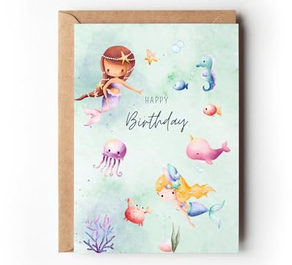 Meerjungfrau Geburtstagskarte für Kinder, zauberhafte Unter-Wasser Glückwunschkarte DIN A6 für Mädchen, Grußkarte Pastell Nixe Meerestier Aquarell Kindergeburtstag (1 Klappkarte mit Umschlag)