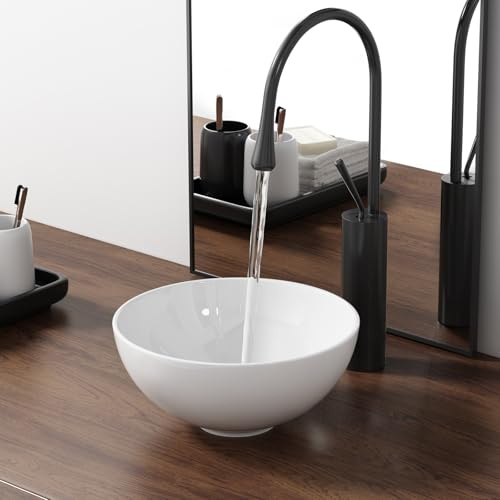 QISHKA - Fregadero redondo de baño de 11 pulgadas sobre encimera, pequeño lavabo de cerámica blanca para ahorrar espacio