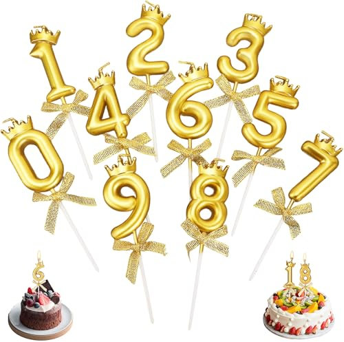 Candele di Compleanno,10 Pezzi Candele Numeriche Torte 0-9 Cake Topper Decoration Candele Bowknot Decorazione Torta Compleanno Candele Numero per Cake Topper Festa Di Compleanno (Oro)