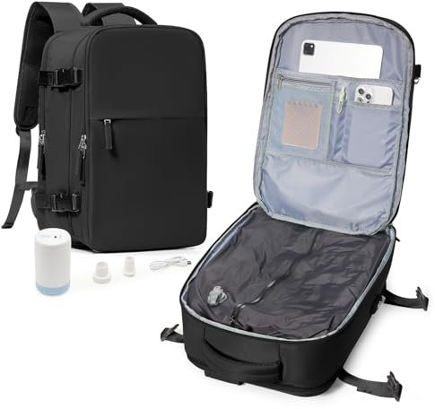 suradar Sac a dos Sous Vide Voyage Cabine Avion Avec Pompe, Bagage Cabine 45x36x20 Easyjet Compression Cous Vide Sacs à Dos Ordinateur Portable 15.6 Pouces Homme Femme Noir