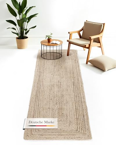 carpetfine Juteteppich Nele Läufer Brücke Taupe handgewebt aus Jute 75x300 cm | Moderner Naturfaserteppich im Boho Style für Küche, Flur und Brücke