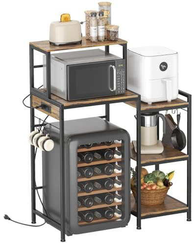 Multifunctional 6-Tier Mini Fridge & Microwave Stand with 2 AC/2 USB Outlets - Coffee Bar & Bakers Rack Storage Shelf, Mini Fridge Cabinet for Kitchen, Dorm, Living Room