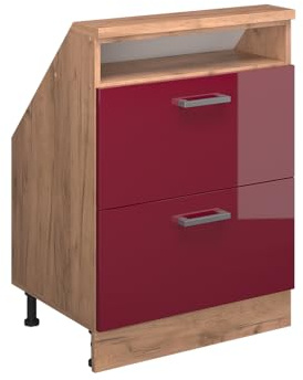 Vicco Dachschrägenschrank Rion, Rot Hochglanz/Goldkraft Eiche | B60 x T46 cm, mit 2 Schubladen, platzsparend für Dachschrägen