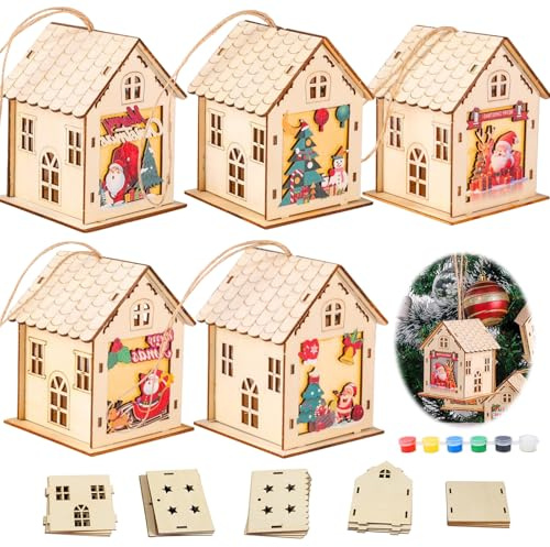 SPERMUOY Weihnachtshaus Basteln Kinder,5 Stück Weihnachten Bastelset Kinder,Weihnacht Haus Holz Bemalen Lichterhaus Weihnachtsbaum Hängendsdeko Wichtelhaus mit Licht