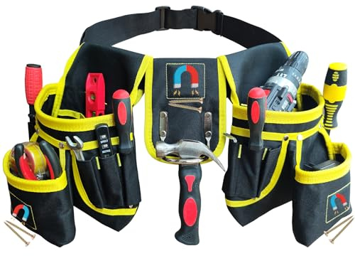 Sneulletoys Tool Belt Pouch for Men, 26 Pockets and 1 Hammer Holder | Heavy Duty Tool Pouch Belt, Detachable Adjustable Magnetic Professional Work Belt for Electricians, Carpenters, Builders