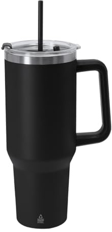 Jarra Termica, Vaso Acero Inoxidable Reciclado 1.2L con Asa Ergonomica, Pajita Integrada y Tapa Hermetica, Vaso Termo Cafe para llevar Sostenible, Taza Termica simple modern (NEGRO)