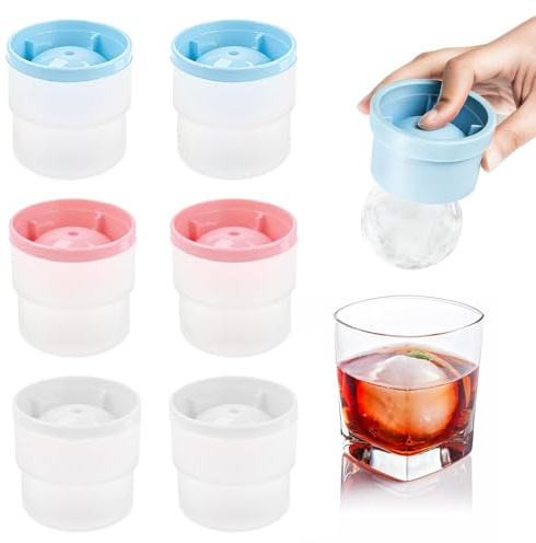 Zatixbu 6PCS Ice Ball Mould Set - Round Ice Cube Moulds for Whiskey & Cocktails, Reusable Silicone Sphere Maker, Easy Release, 6cm Freezer Mold for Home Bar Party Drinks (Blue, White, Pink)