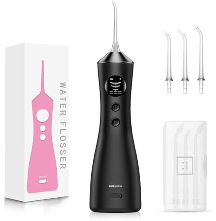 Water Flosser for Teeth Cordless, 300ML Portable Oral Irrigator with Screen Display, 3 Intensity Modes and 3 Flossing Tips, 60-Day Battery Life，IP68 Waterproof Dental Flosser for Home Black