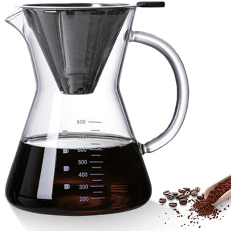 GOMETY Pour Over Kaffeebereiter, 800 ml Borosilikat Glaskanne mit doppelschichtigem Edelstahlfilter, Kaffeedrip-Brauer Mit Griff, Glas Kaffeebereiter für aromatischen Genuss