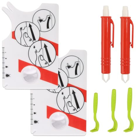 Set med 7 fästingkort, fästingtång, fästingkrokar, fästingborttagare, fästingkort med förstoringsglas, fästingmedel, fästingpincett, fästingborttagare för snabb och säker borttagning av fästingar