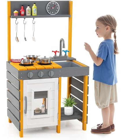 DREAMADE Spielküche aus Holz, Matschküche Outdoor mit Herd & Geräuschen, Kinderküche mit Spüle, Wasserhahn, Ofen & 7 Zubehör, Spielzeugküche für Kinder ab 3 Jahren