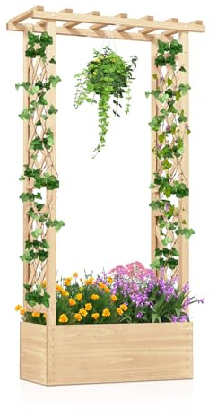 COSTWAY Blumenkasten mit Rankgitter & hängendem Dach, Pflanzkasten mit Rankhilfe, Hochbeet für Kletterpflanzen & hängende Körbe, für Garten Hof Terrasse, Pflanzkübel Holz, Natur, 66x32x152cm