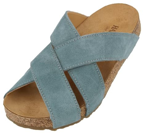 HAFLINGER Bio Como Leder Pantolette Sandale mit Korkfußbett Unisex Blau (Jeans 1751), Gr 39