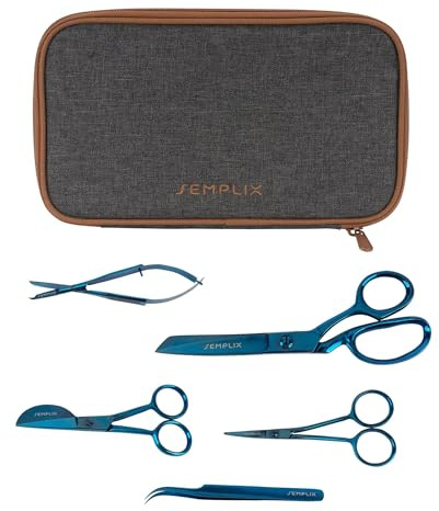 Semplix Scheren-Set mit gepolsterter Aufbewahrungstasche – anthrazit/braun, Näh- & Stickscheren Set mit Schneiderschere, Fadenschere, Präzisionsschere & Pinzette