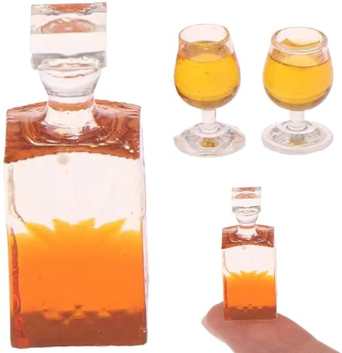 Bouteille de Whisky pour Maison de poupée, Mini Bouteilles d'alcool réalistes, Mini Bouteilles vin en résine avec 2 Tasses, Accessoires décoratifs pour Maison poupée