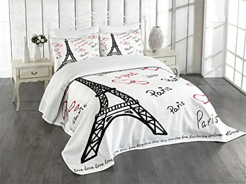 ABAKUHAUS Eiffelturm Tagesdecke Set, Eiffelturm Paris, Set mit Kissenbezug Moderne Designs, für Einzelbetten 170 x 220 cm, Weiß Schwarz Rot
