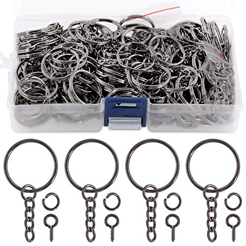 Swpeet Lot de 450 porte-clés noirs de 25 mm comprenant 150 anneaux porte-clés avec chaîne et 150 anneaux ouverts avec 150 épingles à œillet à vis en vrac pour la fabrication de bijoux (Gun-Black)