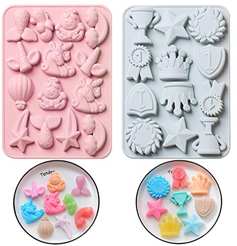 2 piezas Moldes de chocolate, Unicornio Sirena corona Molde de silicona para decoraci¨®n de pasteles, Bandeja de silicona para cubitos de hielo Fondant Galletas Dulce Artesan¨ªa de resina Molde