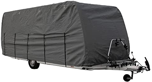 HAFIX Wohnwagen Schutzhülle - 3-lagige Ganzgarage in grau, Größe 580-> 640x225x220cm, 160g/m² - Wohnanhänger Schutz Abdeckung für Winter. Wetterfeste Abdeckplane, effektiver Hagelschutz für Caravan.