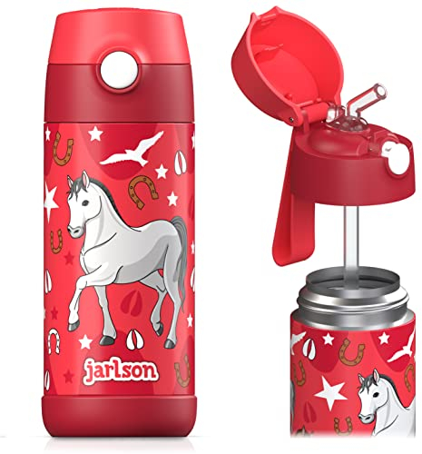 Jarlson - Gourde Enfant INOX - bouteille isotherme enfant 350 ml - Gourdes sans BPA - avec de la paille - pour l'école, les sports et la maternelle (Cheval, 350 ml)