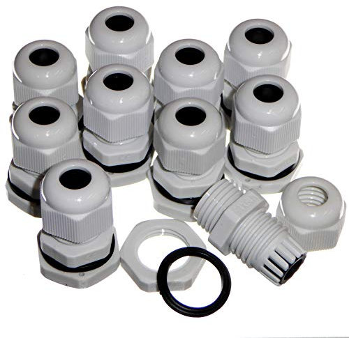 10 Pack Grey M16 IP68 16mm Cable Compression Glands with Locknut and Seal for 4-8mm Round Cable - MCG Industrial M16G