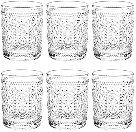 Bekith 6 Pack Drinking Glasses, 9.5 oz Romantic Water Glasses, Clear Embossed Glass Cups Vintage Glassware Set for Whisky, Juice, Beverages, Beer, Cocktail