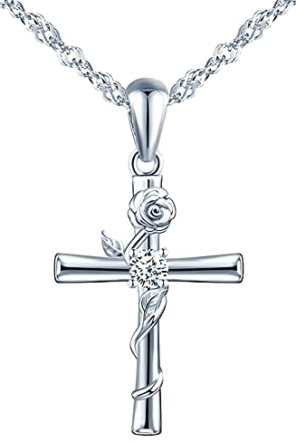 INFINIONLY Collier femme fille, collier en argent 925, collier pendentif croix classique, collier fleur de rose enlacée avec la croix, zircon incrusté, ensembles de bijoux femme, argent