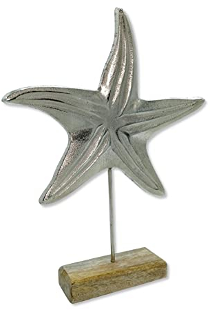 Metall Skulptur mit Holz-Fuß Silber-braun Seestern 25 x 33cm Dekofigur Tisch-Deko Maritim Mediterran Meeresdeko