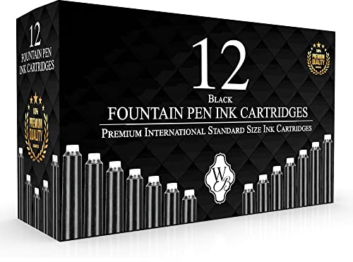 Wordsworth & Black 12 Pack Fountain Pen Ink Refills - Set of 12 Black Ink Cartridges - International Standard Size - Length APPR 2.3 - Base Diameter APPR 0.24 - Disposable and Generic
