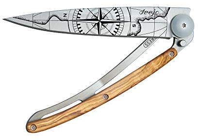deejo - Couteau de Poche Pliant 37g - Manche en Bois d’Olivier, Lame en Acier Inoxydable Z40C13 - Motif Terra Incognita - Couteau de Table, Randonnée, Camping, Bivouac