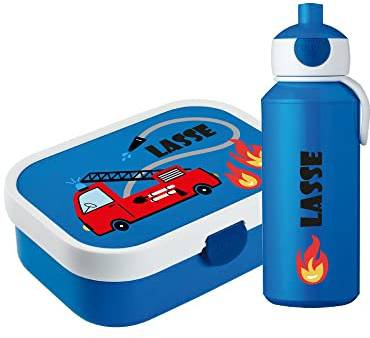 4youDesign Mepal Bento Box & Trinkflasche Set personalisiert Feuerwehrauto blau – Geschenk für Kinder Weihnachten, Nikolaus, Geburtstag - Auslaufsicher – Brotdose 750ml, 400ml Flasche