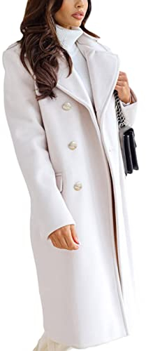 Shownicer Damen Einfarbig Wollmantel Outwear Revers Mittellang Elegant Schlank Mit Gürtel Mode Oberteile E Weiß XL