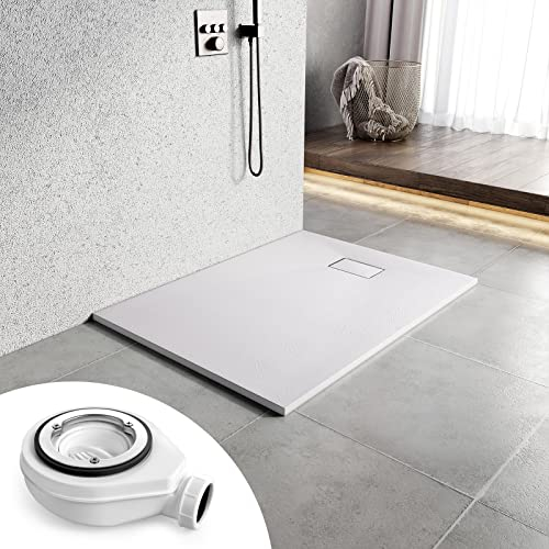 Heilmetz Duschwanne mit Siphon 90x90cm Flach Duschtasse Höhe 2.6 cm SMC Brausewanne Steinoptik Antirutsch Duschtasse mit Ø 90mm Ablaufgarnitur -Weiß