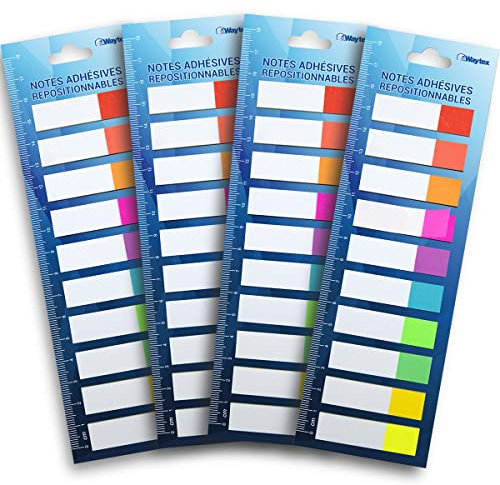 WAYTEX 800 selbstklebende Lesezeichen, wiederverwendbar, 10 Neonfarben, 4 Packungen mit je 10 Miniblöcken mit je 20 zweifarbigen Blättern, 45 x 12 mm