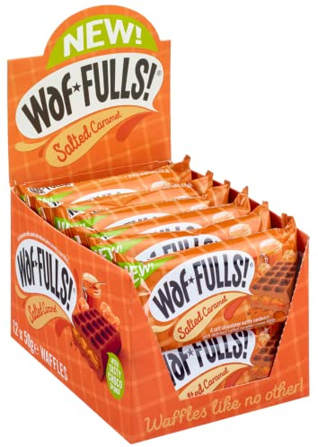 WafFULLS! Salted Caramel Waffles (12x 50g) - Soft Waffle Sandwich Breakfast Snacks Ready to Eat Snack for Kids Adults Salted Caramel Chocolate Bars Individually Wrapped Snacks Bulk Christmas Gifts | Individually wrapped biscuit bars ideal for commercial snack displays, hotel rooms, or packed lunches.