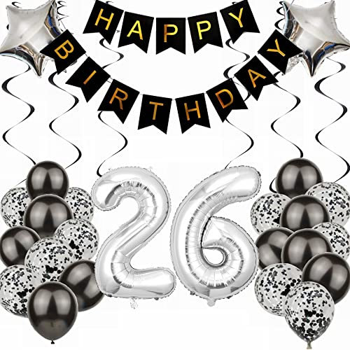 Kiwochy Luftballon 26. Geburtstag Dekoration - Black and Silber Party Deko für Junge, Männer, Frauen - Geschenk 26 Jahre